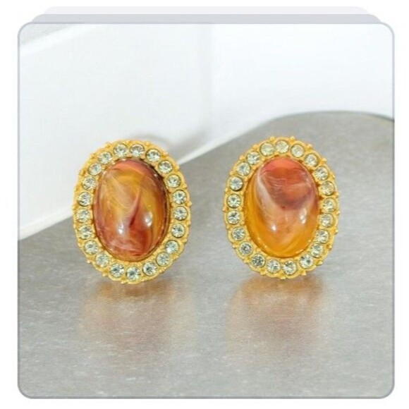 Vintage Clip On Oval Earrings Gold Tone Faux Agate Glass Rhinestone Made in USA - Picture 1 of 11